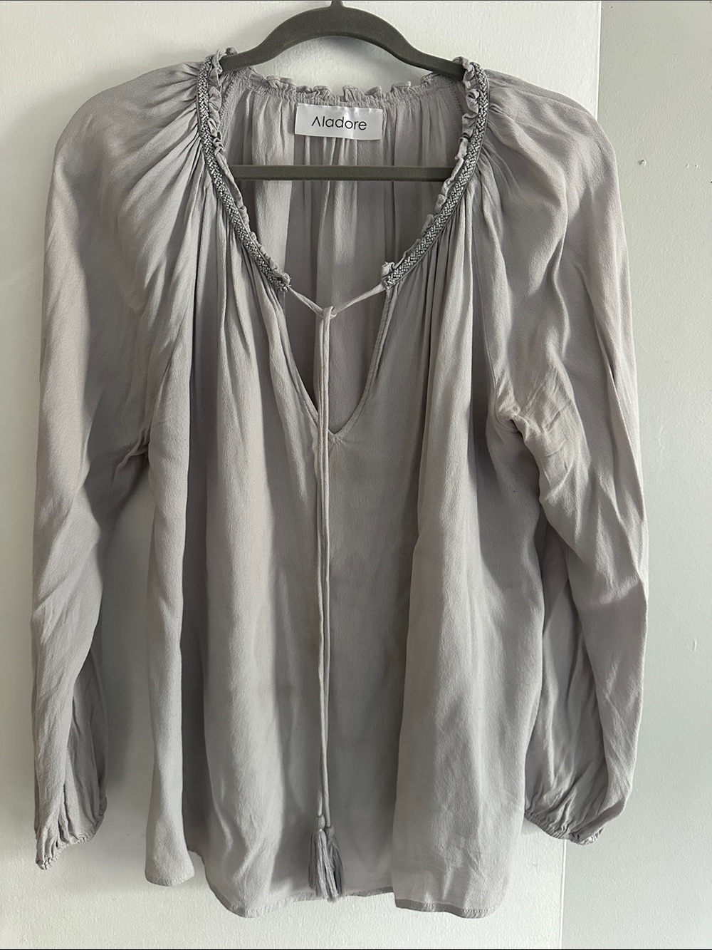 Aladore Women's Light Gray Braided-Tie Peasant Blouse